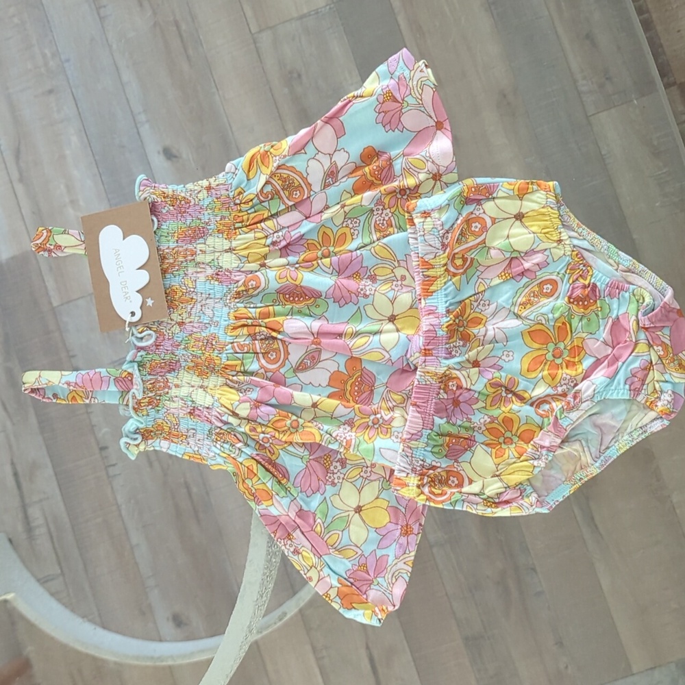 Angel Dear Organic Smocked Top & Bloomer Set Retro Paisley Floral + Bow NWT